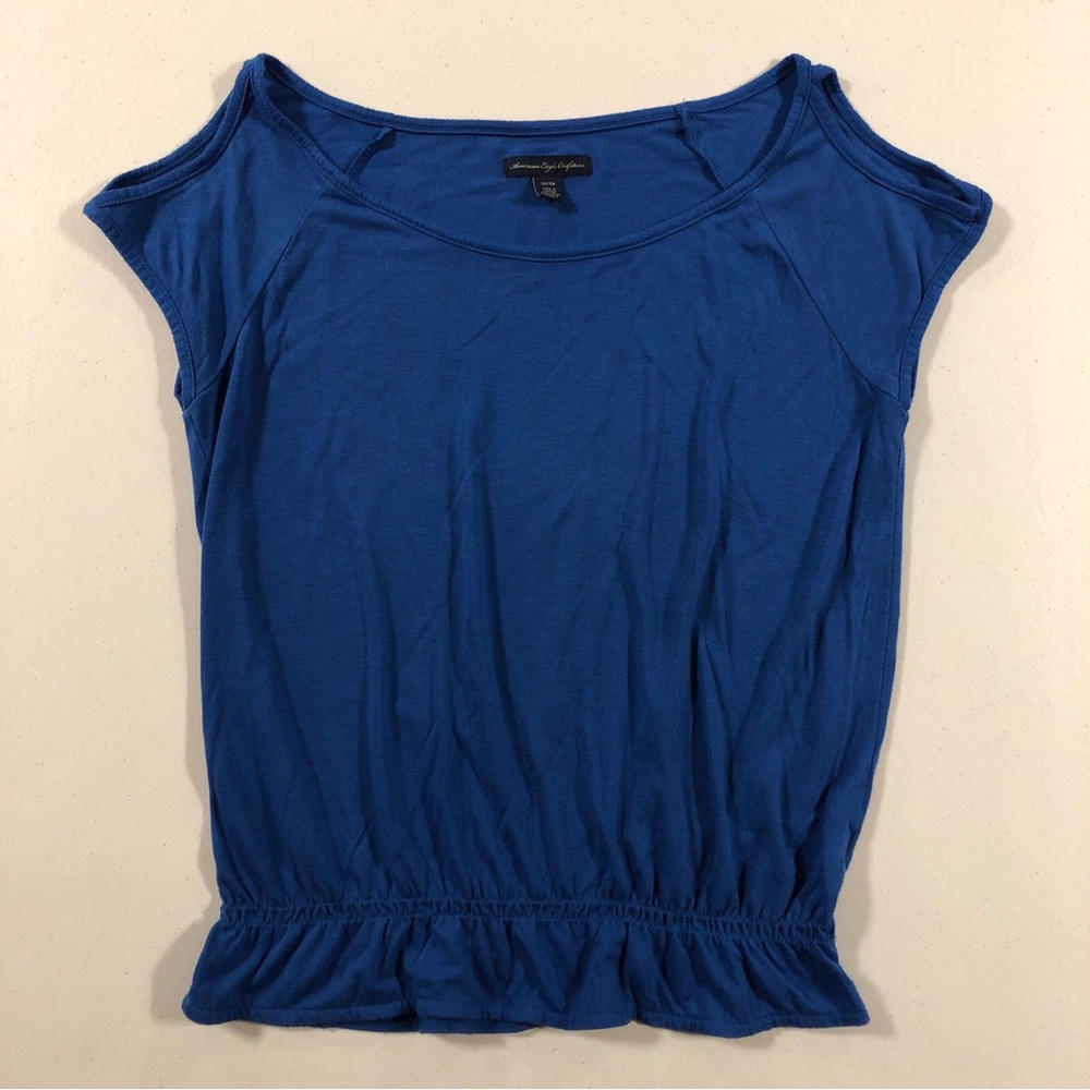 American Eagle Women’s Cold Shoulder Short Sleeve Stretch Blue Top size XS